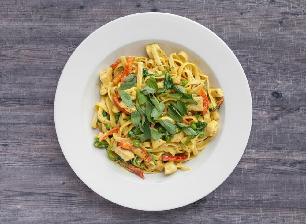 Chicken Curry Fettuccine at Basil Pasta Bar in Vancouver