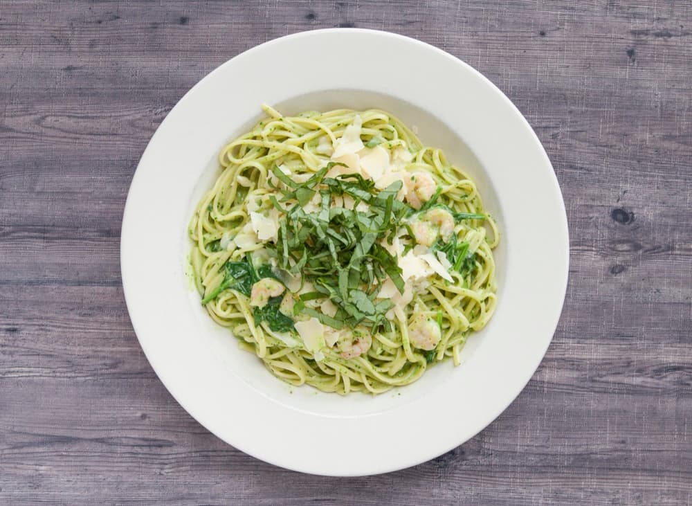 Pesto Shrimp Linguine at Basil Pasta Bar in Vancouver