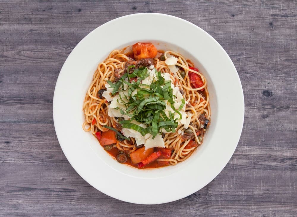 Spaghetti Puttanesca at Basil Pasta Bar in Vancouver